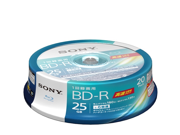 SONY 録画用BD-R Blu-rayDisc 追記型(1回録画用) 標準130分(25GB･片面1層) 1-6倍速記録対応 インクジェットプリンタ対応 スピンドルケース入20枚パック｜20BNR1VJPP6